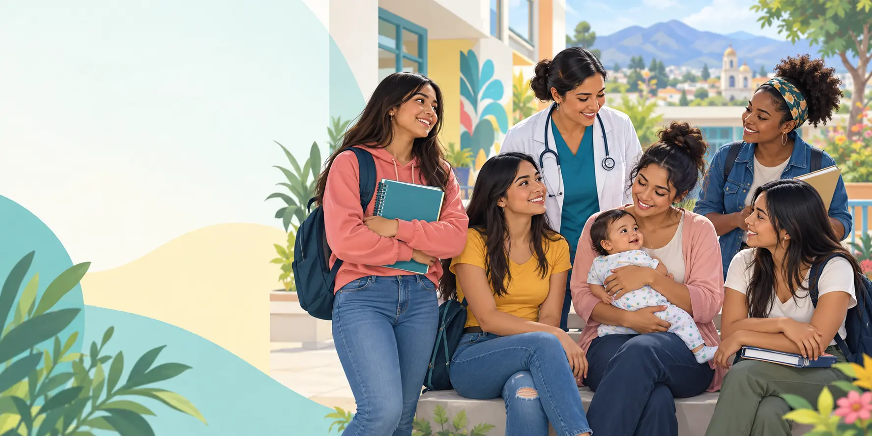 Adolescentes, una madre joven y personal de salud en un entorno educativo y comunitario